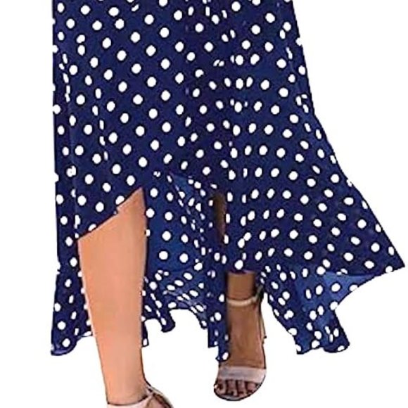 Grecerelle Women's Large Navy & White Polka Dot Surplice Long Flowing Maxi Dress - Picture 15 of 15